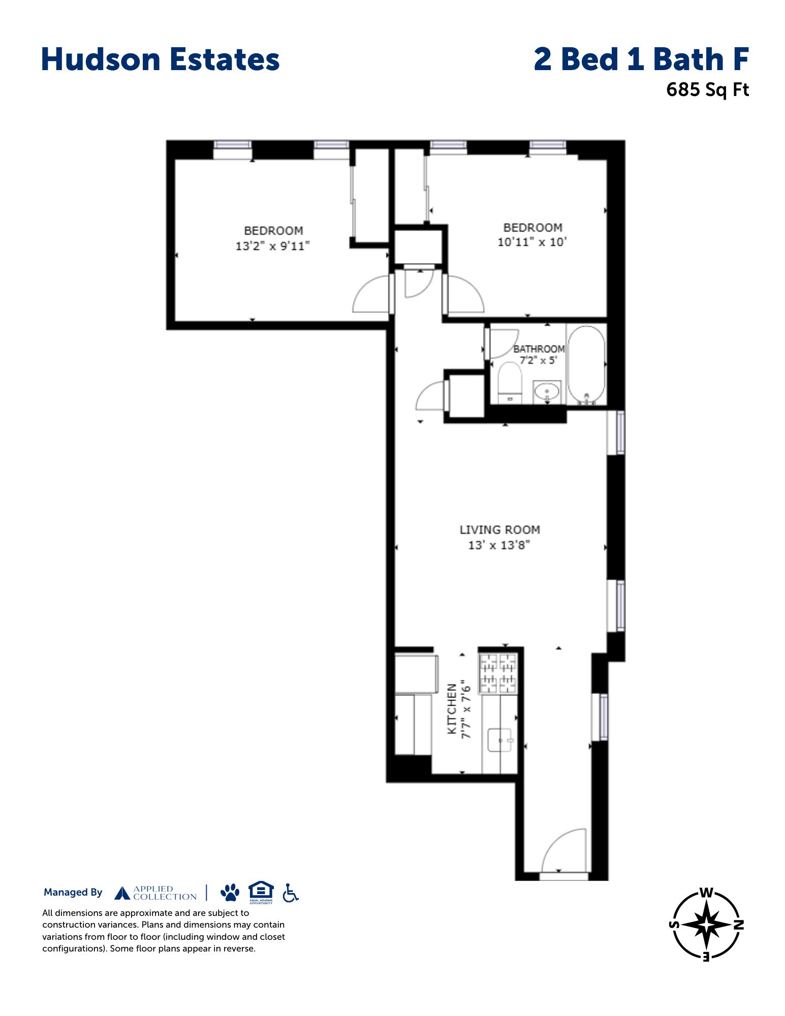 Floor plan for 2 beds, 1 bath, 685 sqft